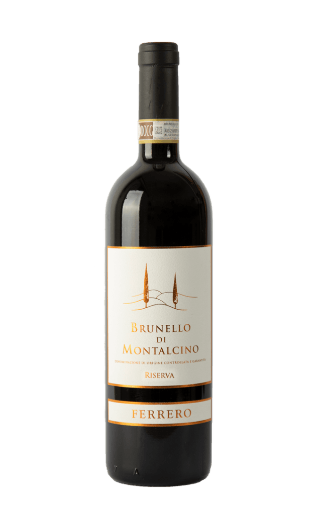 A bottle of Brunello Di Montalcino riserva having a white label